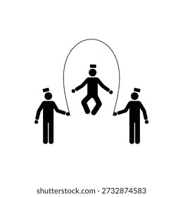 Three stick figures are jumping rope in a simple black and white illustration