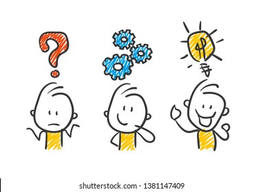 Three Stick Figures With Question Mark Gear And Lightbulb Icon Symbol Vector