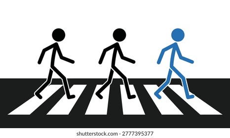 Three stick figures walking across a zebra crossing with one blue figure standing out in front
