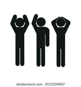  Three stick people are standing with their hands raised up, in different poses, hands behind their heads
