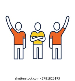 Three stick people, two raising hands in agreement, one dissenting with arms crossed