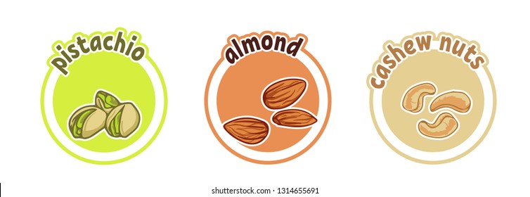 Three stickers with different nuts. Pistachio, almond and cashew. Vector cartoon illustration isolated on a white background.