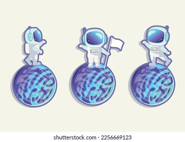 Three stickers of friendly cute astronauts on the surface of the planets in cartoon style. vector illustration isolated on white background. exploration of planetary surfaces. Space research.