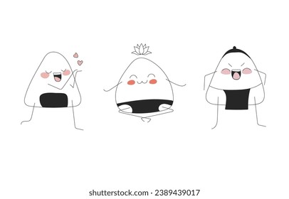 Three stickers of a lover, a meditator and an angry onigiri on a white background