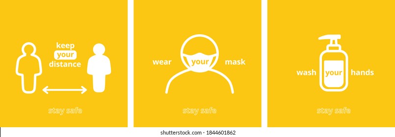 three stickers, meant to be used in public places (cafes, restaurants, bus stops, etc.) as a reminder for people to keep a distance, wear a mask and wash hands :)