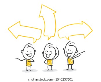 Three Stickman discussing with Arrows upon their heads
