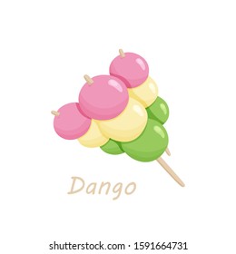 Three sticks of dango. Colored japanese dessert for vegan. Healthy snack. Hand drawn cartoon illustration for poster. Isolated vector image in flat style on white background