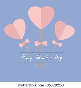 Three sticks with hearts and bows. Happy Valentines Day. Love card Flat design. Rose quartz serenity color. Vector illustration