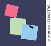 Three sticky notes in red, yellow, and blue with a paperclip on the blue note, set against a dark backdrop.