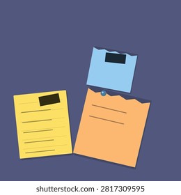 Three sticky notes in yellow, orange, and blue with lines on a dark blue background