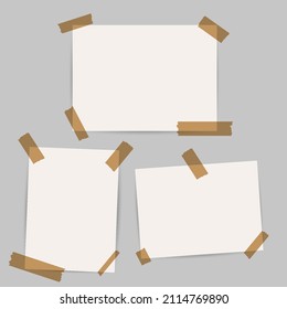 Three sticky paper notes. Reminders on transparent adhesive sticky tape. Writing memo pages, lists. Notebook sheet. 3D realistic vector illustration on light grey background.