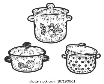 Three stock pot of different sizes and designs. Engraving vector illustration. Sketch scratch board imitation. Black and white.