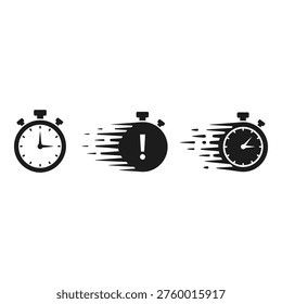 Three stopwatch icons in black and white with motion lines, exclamation mark, on pure white background