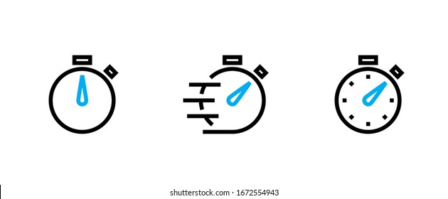 Tres iconos de Stopwatch sobre fondo blanco con flechas azules. El cronómetro es sencillo, con líneas de velocidad y marcas de tiempo. Esquema de vectores editable.