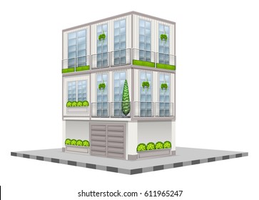 Edificio de tres pisos en ilustración de diseño 3D