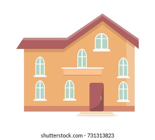Three storey building with oval windows and front door vector illustration isolated on white background. Brown home, residential dwelling in flat style