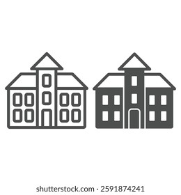 Three storey house line and solid icon, real estate concept. Vector graphics. Cottage building with central tower sign on white background, outline style icon for mobile or web design