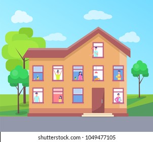 Three storey house people in windows vector brick house, inhabited cottage with neighbours. Men and woman doing daily activities in residence building