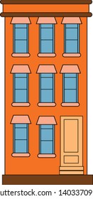 A three storey orange building with a big door and number of windows, vector, color drawing or illustration.