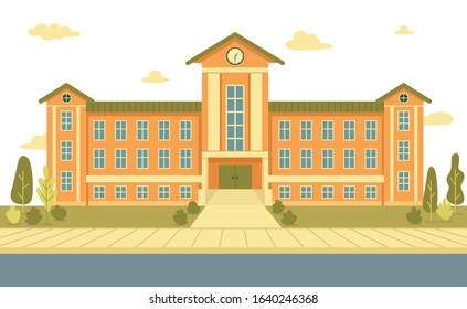 Three Storey and Two Winged Secondary School Old Brick Building with Big Clock and Stairs, Leading to Central Entrance. Green Lawn with Trees, Broad Pavement and Drive. No Students or Buses Around.