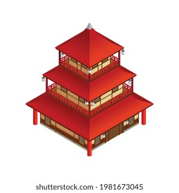 Edificio asiático de tres pisos con icono isométrico de techo rojo en ilustración vectorial de fondo blanco