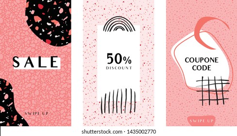 Three stories templates with trendy terrazzo collage shapes in coral shades. Perfect for social media. instagram. stories. flyer, card, brochure design