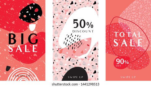 Three stories templates with trendy terrazzo collage shapes in coral shades. Perfect for social media, instagram stories, flyer, card, brochure design