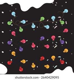 three strands of colorful, cartoon-style Christmas lights with a whimsical, scattered white element on a black background, perfect for festive designs.