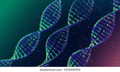 Three strands of DNA, background for a scientific publication. Depth of field. Acid colors.