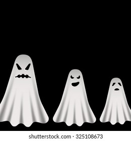 Three strashnyh, angry and frightened cast in the form of flying white sheets on a black background with scary faces. All isolated.