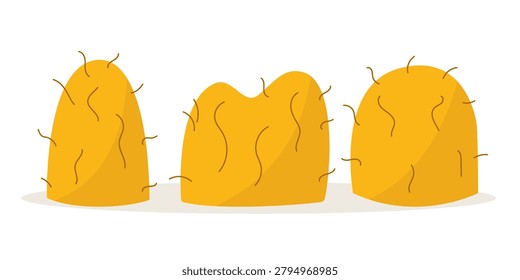 Three straw haystacks on farm field after harvest. Vector illustration for rural landscape banner, farm logo, harvest season flyer