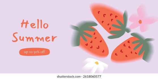 Three Strawberries with blurred edges and small flowers on pastel background. Gradient texture. Hello Summer banner with discount text. Vector illustration for sale, web, promo, social media