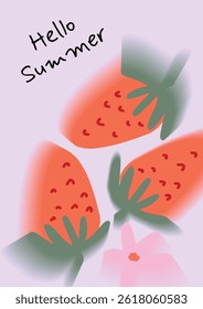 Three Strawberries with green leaves and soft pink flower. Gradient edges with pastel background. Flat vector banner for summer greeting, sale, promo, seasonal campaign