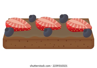 three strawberry halves with blueberries on a sliced horizontal piece of rye bread