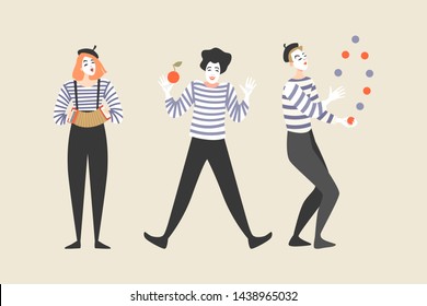 Three street artists with make-up faces juggle and play the harmonica. Isolated vector illustration of funny street performers