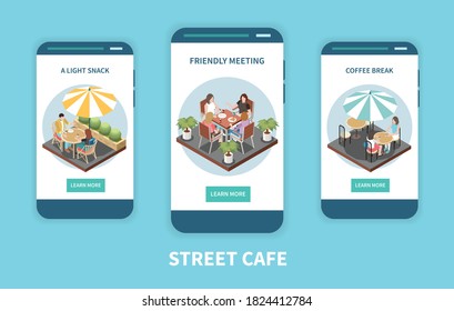 Three street cafe terrace isometric banner set vector illustration