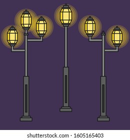 Three streetlight vintage lamps shine at night. Icons isolated on blue background. Flat colorful design. Vector illustration  of traditional street lamps.