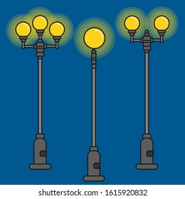 Three streetlight vintage lamps shine at night. Icons isolated on blue background. Flat colorful design. Vector illustration  of traditional street lamps.