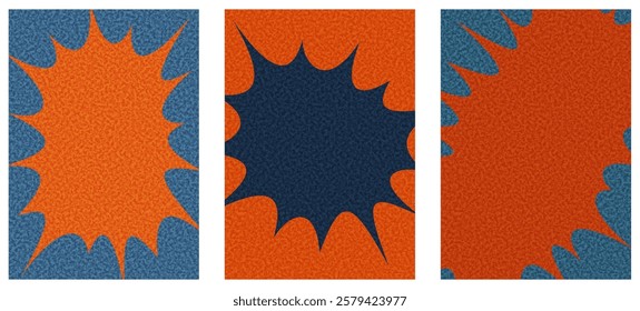 Three striking starburst designs in orange and blue with textured backgrounds and dynamic shapes. Vector illustration.