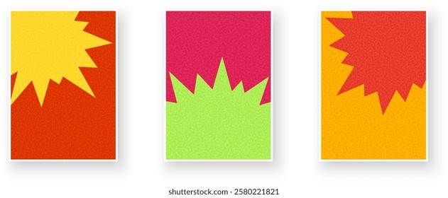 Three striking starburst patterns in yellow, red, pink, and green with textured, vibrant backgrounds. Vector illustration.