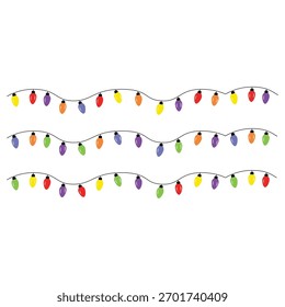 Drei Saiten aus farbenfrohen, festlichen Weihnachtslichtern, jeweils mit einem einzigartigen wellenförmigen Muster, einzeln auf weißem Hintergrund. Victor-Illustration 