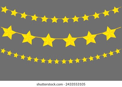 Tres cuerdas de estrellas amarillas que disminuyen de tamaño, sobre un fondo gris oscuro. Ilustración vectorial. EPS 10.