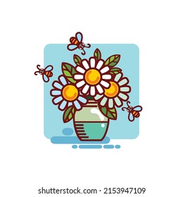 Three striped bees fly over a bouquet of daisies.