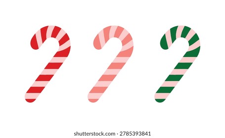 Three striped candy canes in red, pink, and green on white background
