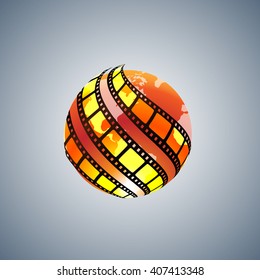 Three strips of film wrapped around the globe. Vector illustration