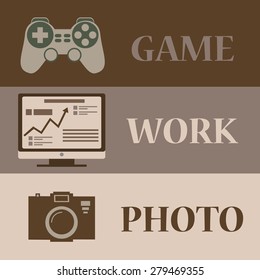 Three strips of icons on the subject of games, photos, and work.