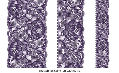 Three strips of purple lace, each with a distinct width