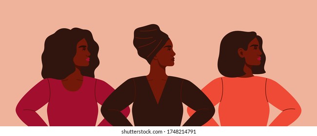 Three strong African women stand together. Concept of fighting for equality and female empowerment movement. Vector horizontal banner.