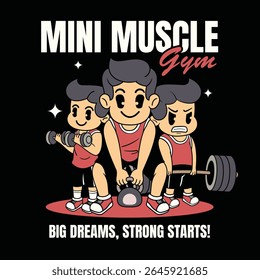 Three strong boys lifting weights in gym gear cartoon illustration