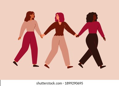 Three Strong Entrepreneurial Females Walk Together And Hold Hands. Black Woman Supports And Leads Her Friends Forward. Partnership, Feminism Movement And Sisterhood Concept. Vector Flat Illustration 